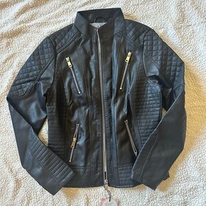 Black Quilted Leather Jacket with Zipper Details
